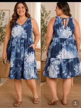 Plus Tie-Dye Navy Blue V-Neck Tiered Midi Dress 100 percent linen , NWT